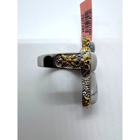 White Howlite Cross Ring Stainless Steel 316L Silver Gold Two Tone Statement - Picture 3 of 11